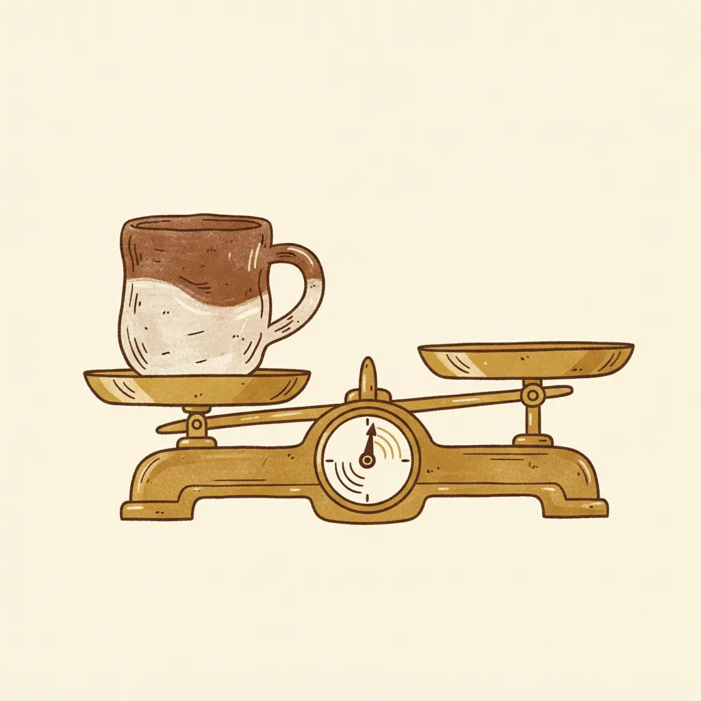 Un mug artisanal posé sur une balance à cadran doré, aiguille pointée sur une zone de mesure, illustrant le score de viabilité calculé avant de produire.